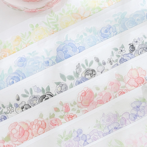 Watercolor Floral PET Decorative Tape Die-cut Flower Washi Tape For Scrapbooking DIY Craft Journaling Waterproof Stickers