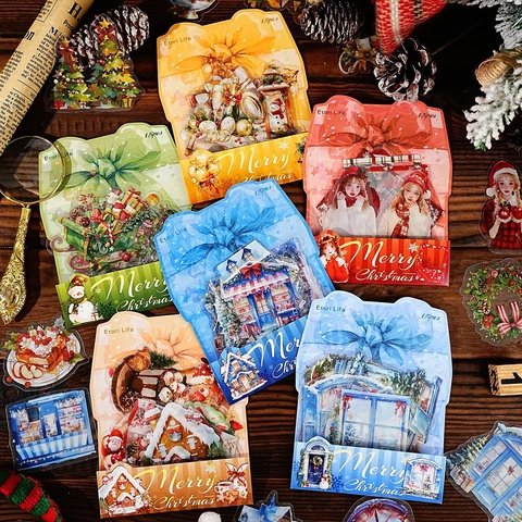 15Pcs Christmas Surprise Night Series PET Stickers For Scrapbooking DIY Journaling Decoration Santa Snowman Patterns Sticker Pack