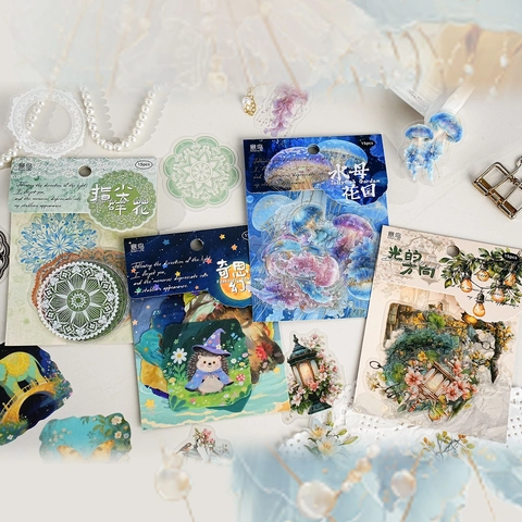 Vintage PET Stickers For Scrapbooking DIY Journal Decorative Floral Jellyfish Fairy Theme Waterproof Transparent Decals