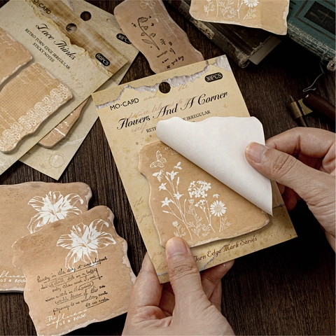 30 Sheets Vintage Torn Edge Sticky Notes Botanical Floral Butterfly Pattern Irregular Shaped Memo Pads Scrapbooking Decor