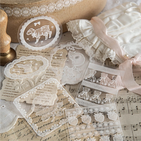Σετ Αυτοκόλλητα Δαντέλα Vintage PET Ρετρό Scrapbooking Ημερολόγιο Διακοσμητικό Υλικό Λευκά Φλοράλ Ζώα Σχέδια Διαφανή Αυτοκόλλητα DIY