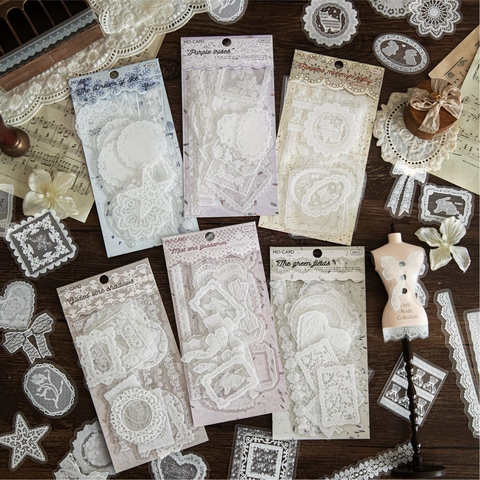 Σετ Αυτοκόλλητα Δαντέλα Vintage PET Ρετρό Scrapbooking Ημερολόγιο Διακοσμητικό Υλικό Λευκά Φλοράλ Ζώα Σχέδια Διαφανή Αυτοκόλλητα DIY