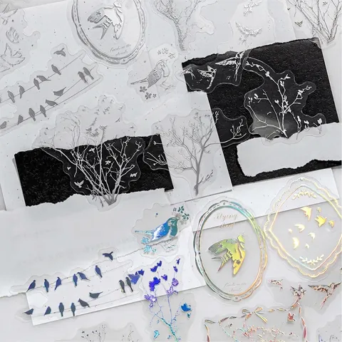 30PCS Vintage PET Sticker Pack Silver Light Floating Dream Series 3D Laser Silver Butterfly Floral DIY Journaling Decoration
