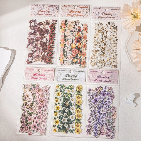 15Pcs Vintage Floral Stickers Kraft Paper Decorative Decals Flowing Flower Corridor For Scrapbooking Journaling Arts Crafts