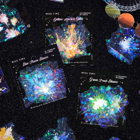 MISS TIME Fireworks Series PET Holographic Laser Stickers Abstract Splash Art Stickers For DIY Scrapbooking Journal Decor