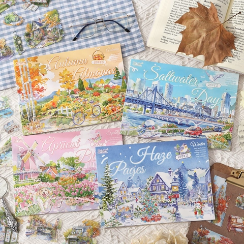 Seasonal Landscape DIY Scrapbooking Stickers Waterproof PET Material Watercolor Illustration Four Seasons Journal Decor Stickers
