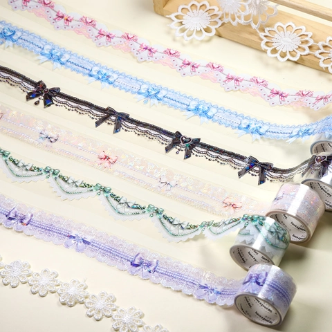 Dekoratives PET-Klebeband Mit Muschelglanz-Finish Spitze Perle Schleife Herz Muster Holografisches Washi-Tape Für DIY Scrapbooking Journaling Zubehör
