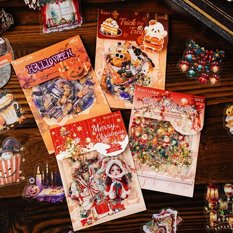 PET Sticker Pack Halloween Christmas Decorative Stickers For Scrapbooking Journaling DIY Planner Vintage Art Supplies
