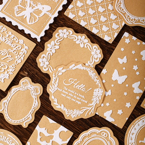 Retro Story Embossed Kraft Paper Stickers For Scrapbooking DIY Hand Account Journal Decor Flower Butterfly Stamp Vintage Stationery Accessory
