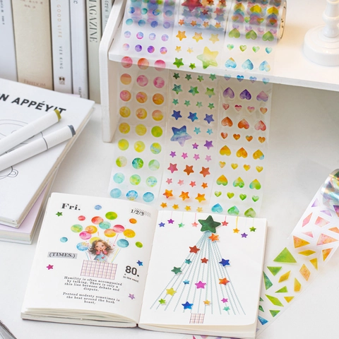 Watercolor Iridescent Geometric Shapes PET Tape Decorative Stickers For DIY Scrapbooking Journaling Art Crafts Stickers