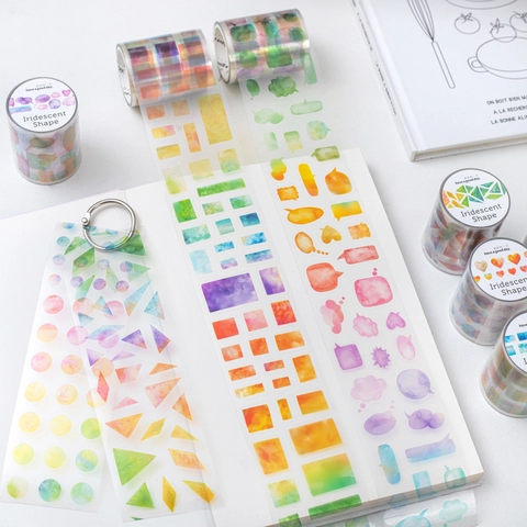 Watercolor Iridescent Geometric Shapes PET Tape Decorative Stickers For DIY Scrapbooking Journaling Art Crafts Stickers