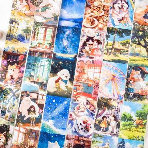 Pet Healing Life Series Washi Tape DIY Scrapbooking Decorative Masking Tape Healing Illustration Cat Dog Girl Patterns