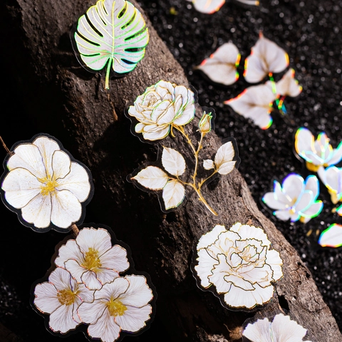 Vintage Floral Heißprägung PET Aufkleber Goldfolie Holografisch Blume Blätter Wasserdicht DIY Scrapbooking Journaling Deko