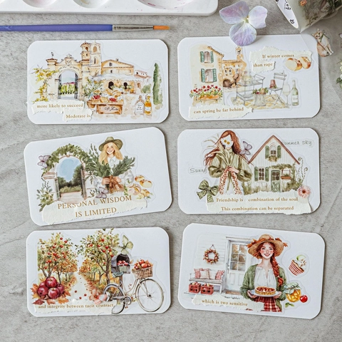 Nastro Decorativo PET Opaco Serie Pastel Time Fustellato Acquerello Floreale Architettura Ragazza Journal Scrapping Arte Cancelleria