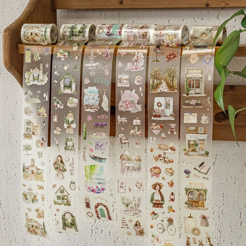 Nastro Decorativo PET Opaco Serie Pastel Time Fustellato Acquerello Floreale Architettura Ragazza Journal Scrapping Arte Cancelleria