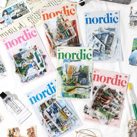 Set di Adesivi Decorativi in PET Scenari Nordici Illustrazioni di Architettura e Paesaggi ad Acquerello per Diario e Scrapbooking
