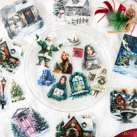 40 Sheets Merry Christmas PET Sticker Pack Vintage Winter Snowman Santa Claus Illustration Scrapbooking DIY Decor Stickers