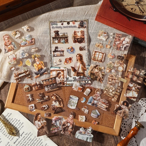 Set di Adesivi Impermeabili in PET Vintage Illustrazione Retrò Disegnata a Mano Scrapbooking Adesivi Decorativi DIY per Planner