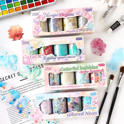 ZABC 4 Rolls PET Decorative Tape Box Set Morandi Watercolor Bubble Printed Die-cut Waterproof Washi Tape For Scrapbooking DIY Craft