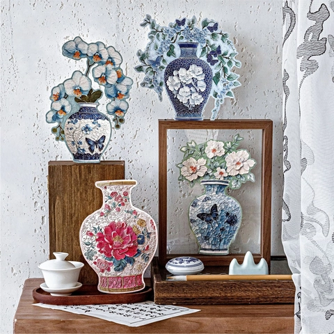 Autocollants PET Vintage Porcelaine Bleue et Blanche Vase Floral Papillon Découpés Scrapbooking Décalcomanies Style Chinois DIY