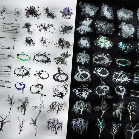 Vintage PET Iridescent Holographic Stickers Black White Traces Scenery Scrapbooking Material Decorative Hand Account Sticker