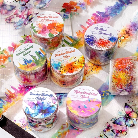 Shell Light PET Decorative Tape Watercolor Butterfly Floral City Architecture Scrapbooking DIY Journaling Material Tape