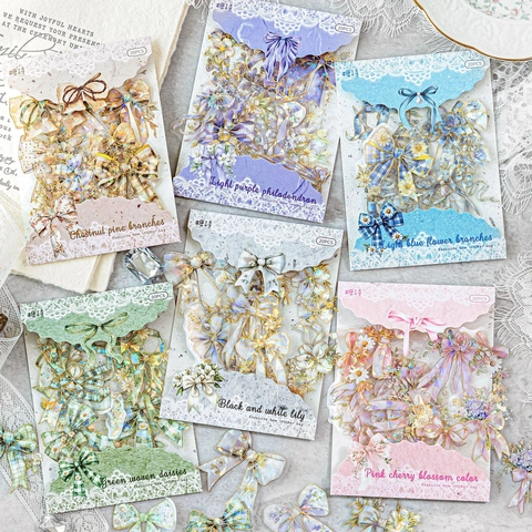 Bowknot Handbook Stickers Synthetic Paper Waterproof Laser Gold Decorative Stickers For DIY Scrapbooking Journaling Artistic Decals