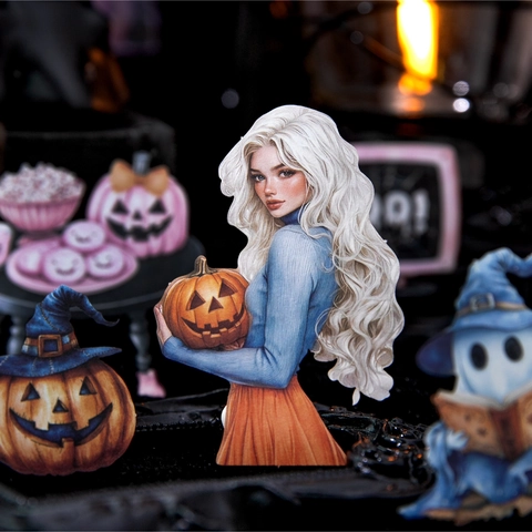 20Pcs Halloween Surprise Night Stickers White Kraft Paper Vintage Witch Pumpkin Ghost Scrapbooking Journaling Decorative Decals
