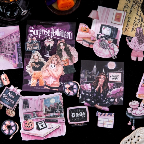 20Pcs Halloween Surprise Night Stickers White Kraft Paper Vintage Witch Pumpkin Ghost Scrapbooking Journaling Decorative Decals