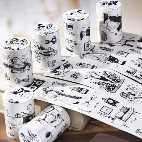 Little Daily Life Serie Zwart Wit Personage Thema Washi Tape Retro Handgetekend DIY Journaling Decoratieve Tape