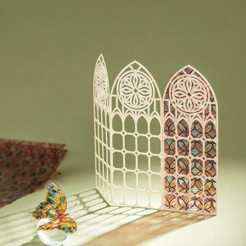 Vintage Buntglas Fenster DIY Scrapbooking Material Kit PET Sticker Laserschnitt Karton Für Journal Dekoration Handwerk Geschenk
