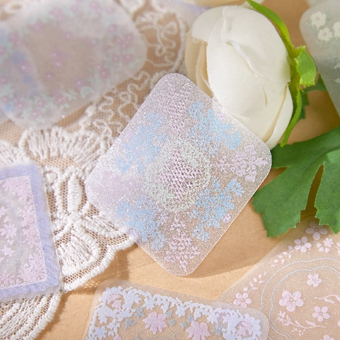 Vintage Floral Lace PET Decorative Stickers For Scrapbooking DIY Journaling Glitter Sand Floral Pattern MISS TIME Series