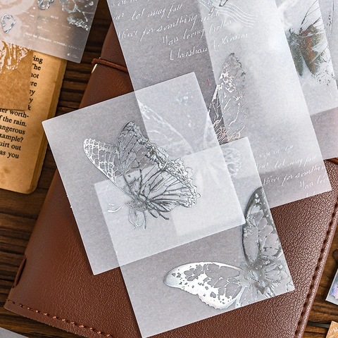 Vintage Scrapbooking Stickers Kraft Tracing Paper Silver Stamping Butterfly Floral Decorative Material For DIY Journaling