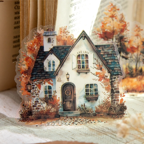 Retro Autumn Theme PET Stickers Decorative Scenery Houses Leaves For Scrapbooking Journaling Material Stationery DIY Crafts