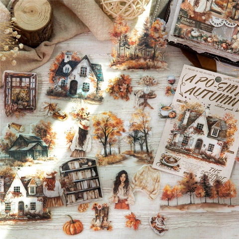 Retro Autumn Theme PET Stickers Decorative Scenery Houses Leaves For Scrapbooking Journaling Material Stationery DIY Crafts