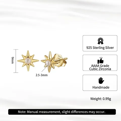 S925 Sterling Silver Starburst Freshwater Pearl Stud Earrings 14K Gold Plated Personalized Trend Pearl Star Ear Jewelry