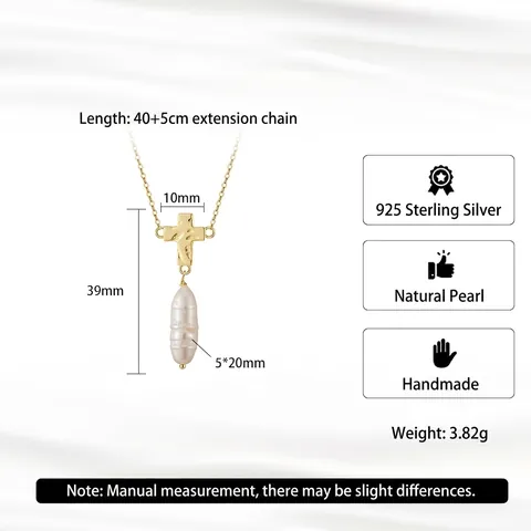 925 Sterling Silver Baroque Pearl Cross Pendant Necklace Gold Plated Vintage Religious Design Fashion Jewelry For Women Gift