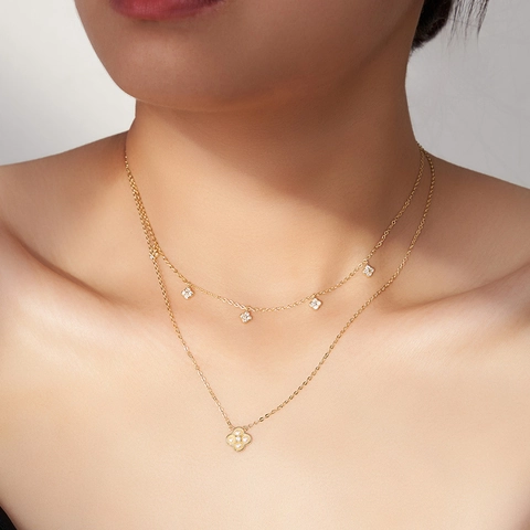 925 Sterling Silver Double Layer Necklace With Freshwater Pearl Four Leaf Clover Pendant Zirconia Inlaid Elegant Women Jewelry