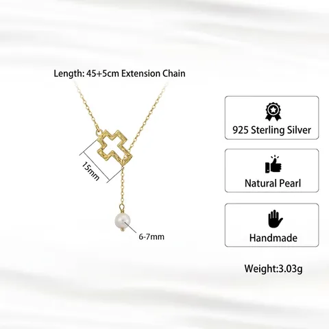 925 Sterling Silver Freshwater Pearl Cross Pendant Necklace For Women 14K Gold Plated Religious Fashion Jewelry Gift