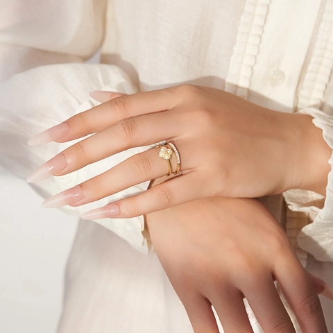 925 Sterling Silver Clover Open Ring For Women Elegant Freshwater Pearl Zirconia Double Layer Gold Plated Finger Ring