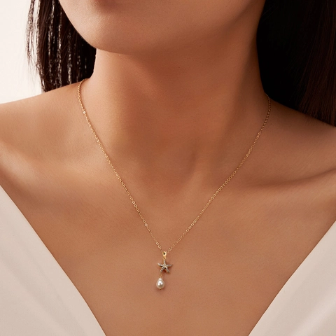 Collar con Colgante de Estrella de Mar de Plata de Ley S925 para Mujer Circonia Perla de Agua Dulce Joyería Regalo