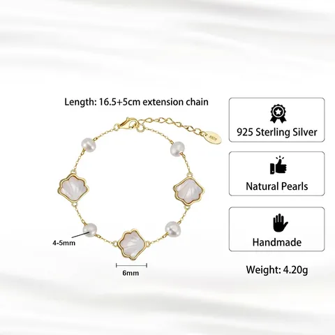French Minimalist 925 Sterling Silver Bracelet For Women Elegant Freshwater Pearl Shell Pendant Adjustable Chain Jewelry