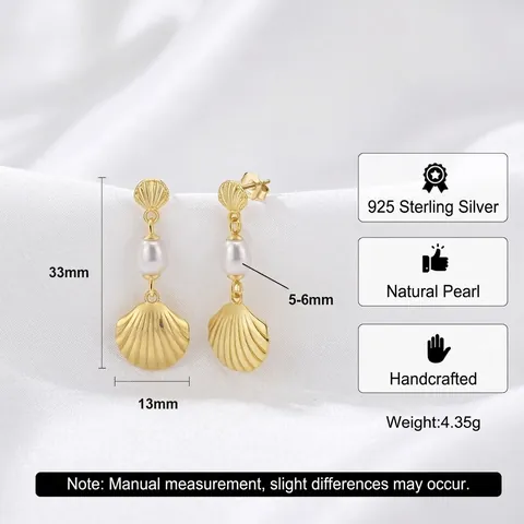 S925 Sterling Silver Shell Pearl Drop Earrings For Women Vintage Sea Beach Gold Silver Plated Dangle Earrings Fashion Jewelry