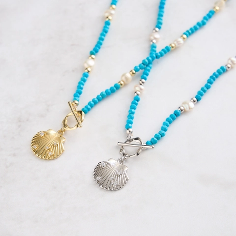 925 Sterling Silver Turquoise Beaded Necklace Natural Freshwater Pearl Shell Pendant Zirconia Choker Gold Plated Women Jewelry