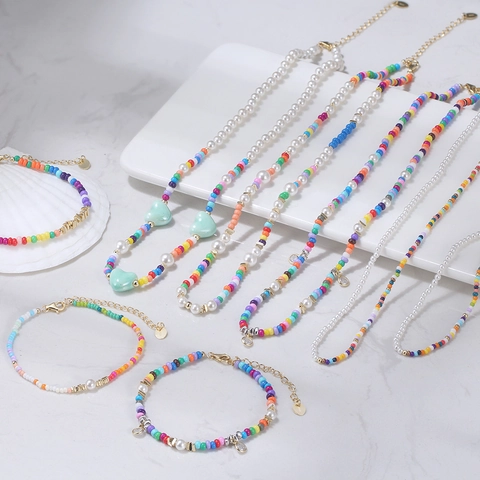 S925 Sterling Silver Colorful Glass Rice Bead Artificial Pearl Necklace Bracelet With Heart Rhinestone Pendant Bohemian Women Jewelry