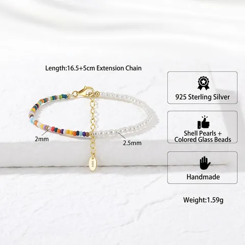 925 Sterling Silver Artificial Pearl Bracelet Colorful Glass Bead Dopamine Style Handmade Hand Jewelry For Women