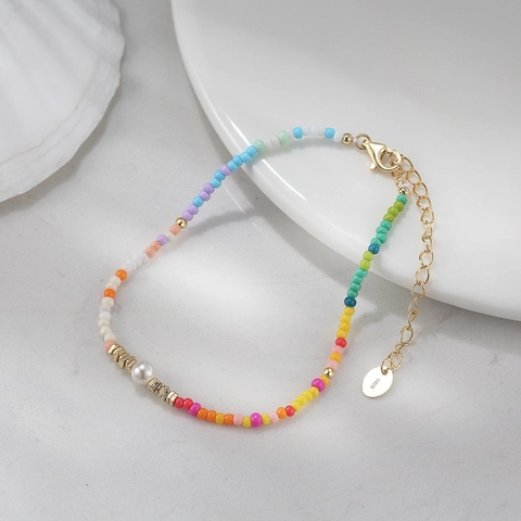 Bohemian Colorful Beaded Bracelet For Women 925 Sterling Silver Artificial Pearl Adjustable Seed Bead Hand Jewelry Vacation Gift