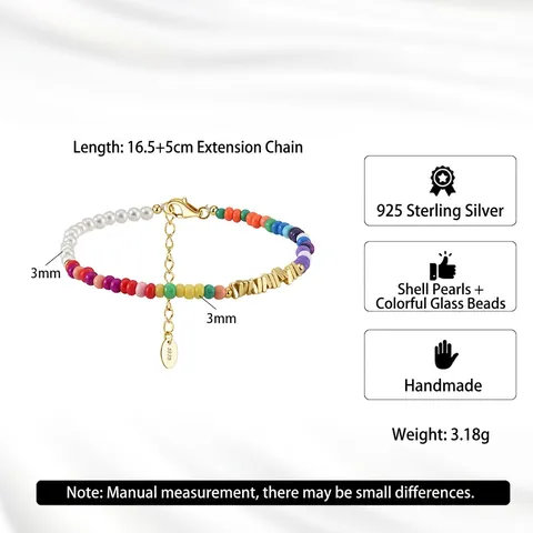 925 Sterling Silver Colorful Glass Bead Bracelet Artificial Pearl Adjustable Handmade Bohemia Jewelry For Women