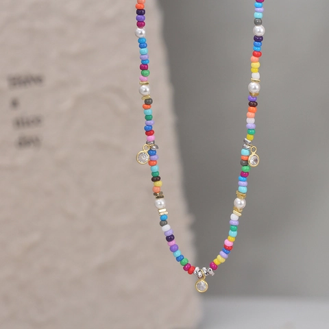 925 Sterling Silver Colored Glass Bead Artificial Pearl Necklace For Women Multicolor Rhinestone Pendant Bohemian Choker Jewelry