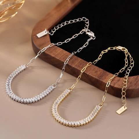 925 Sterling Silver Bracelet For Women Square Zirconia Minimalist Adjustable Paperclip Chain Jewelry Gift